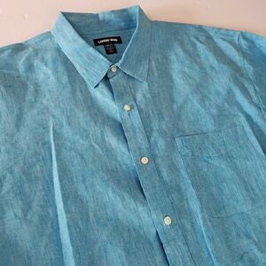 Lands End Button Up Shirt Mens 2XL Traditional Fit 100% Linen Blue Short Sleeve